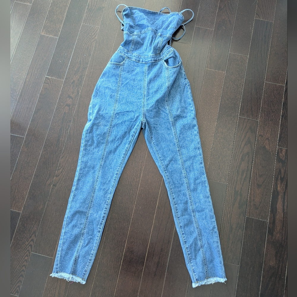 Denim Strapless Tie-Shoulder Jumpsuit in Blue